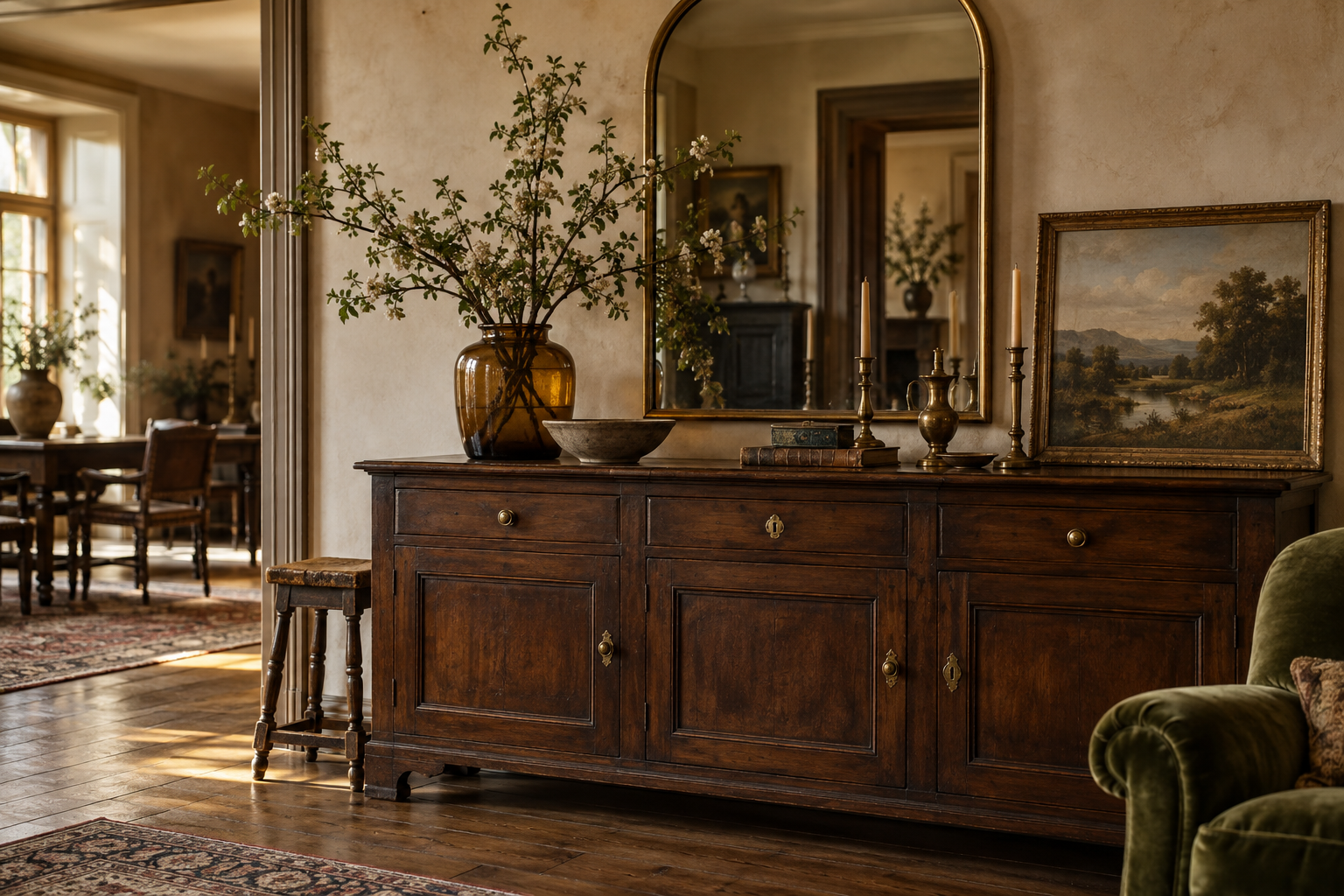 A warm collected interior with walnut furniture, aged brass, amber glass and framed art
